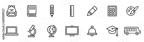 School icon set in line style. Backpack, book, pencil, ruler, calculator, globe, board, bell, graduation cap. Vector illustration.