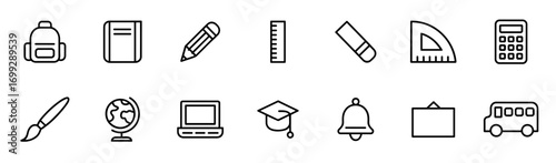 School icon set in line style. Backpack, book, pencil, ruler, calculator, globe, board, bell, graduation cap. Vector illustration.