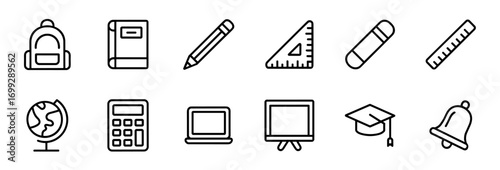 School icon set in line style. Backpack, book, pencil, ruler, calculator, globe, board, bell, graduation cap. Vector illustration.