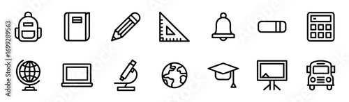 School icon set in line style. Backpack, book, pencil, ruler, calculator, globe, board, bell, graduation cap. Vector illustration.