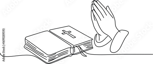 Continuous line drawing of a bible and praying hands with a cross
