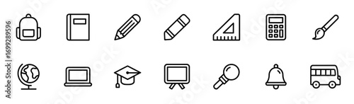 School icon set in line style. Backpack, book, pencil, ruler, calculator, globe, board, bell, graduation cap. Vector illustration.