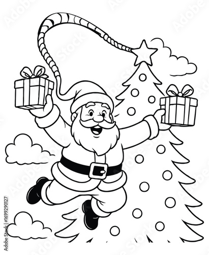 Santa Bungee Jumping from Giant Christmas Tree with Presents – Holiday Coloring Page