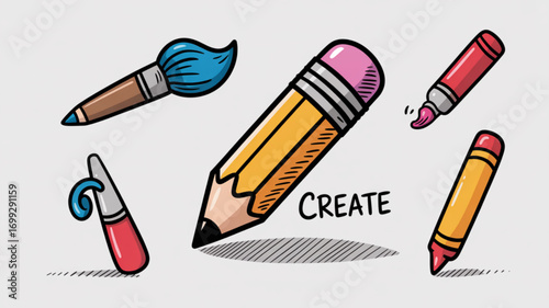 Illustration of drawing art supplies for creative projects and artistic design and drawing tools concept
