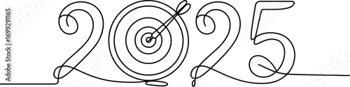 Continuous line drawing of the year 2025 with a bullseye target