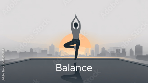 Yoga tree pose for balance and wellness with cityscape background for health and fitness lifestyle practice