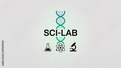 Science lab logo design with dna molecule flask atom and microscope for scientific research and experiment