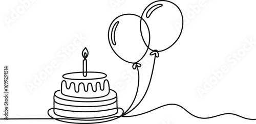 Simple line drawing of a birthday cake with balloons and candle