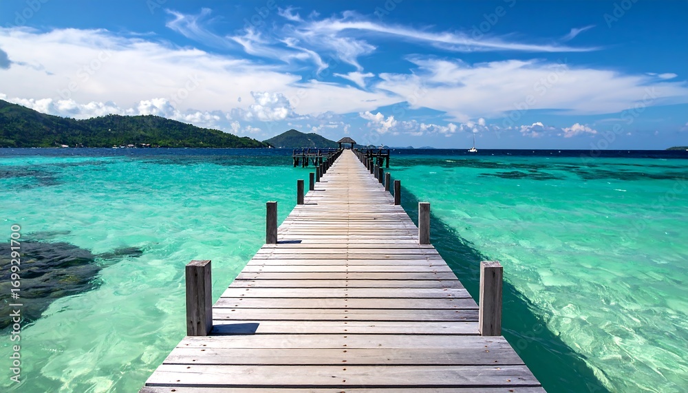 Obraz premium A tranquil wooden pier extends into a vibrant turquoise sea, framed by lush green hills and a clear blue sky.