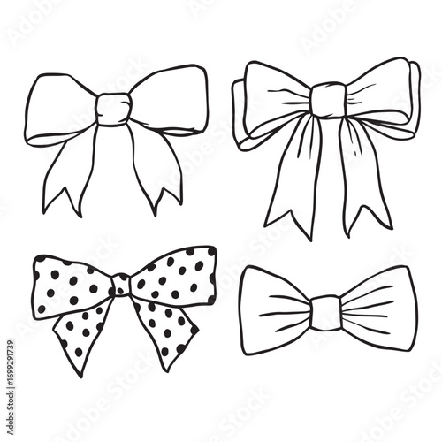 Hand Drawn Ribbon Bow Illustration Set, Cute Outline Decorative Bows in Different Styles for Clipart, Planner, Scrapbooking and Gift Decoration