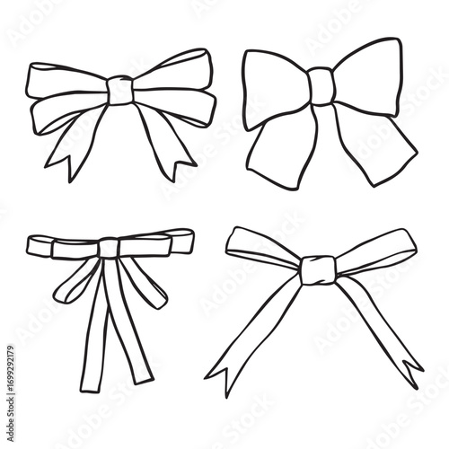 Hand Drawn Ribbon Bow Illustration Set, Cute Outline Decorative Bows in Different Styles for Clipart, Planner, Scrapbooking and Gift Decoration