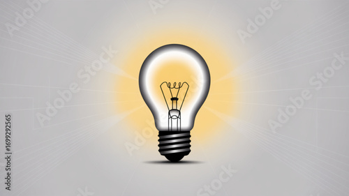 Illustration of a glowing light bulb for ideas innovation and energy efficiency concept with bright yellow light