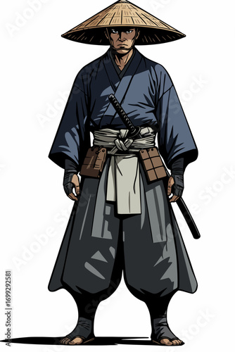 Full-body illustration of a Japanese samurai in traditional attire, holding a katana.