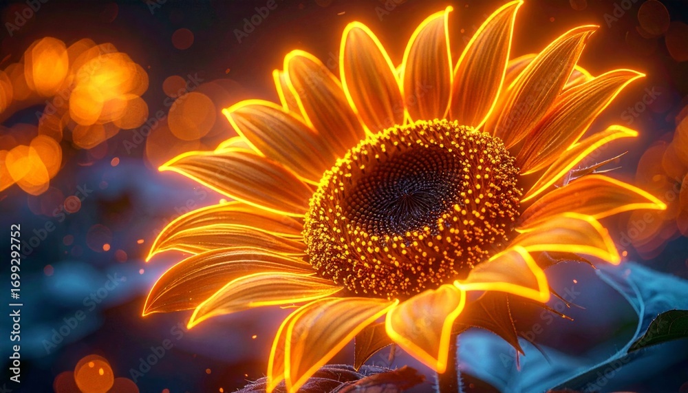 Fototapeta premium A sunflower head portrayed in Neon Edge Illumination, glowing golden yellow and pastel