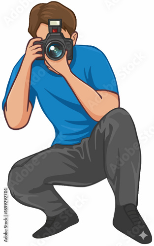 Man with a camera crouches down, taking a photograph.