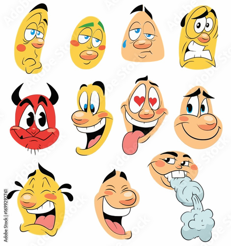 Collection of twelve diverse cartoon faces expressing various emotions, from happy to angry, mischievous to sad.