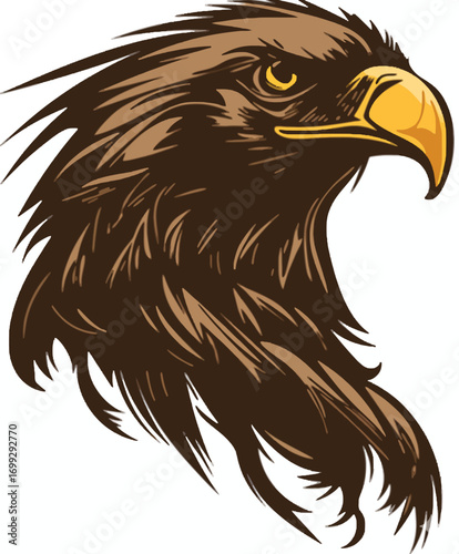 A stylized illustration of a majestic eagle's head, rendered in rich brown tones with detailed feather texture.