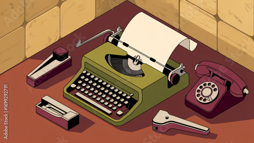 Vintage office scene featuring typewriter, telephone, stapler, and desk accessories illustration vector