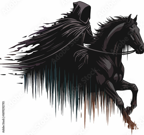 A hooded figure, cloaked in darkness, rides a galloping black horse, leaving a trail of shadowy motion.