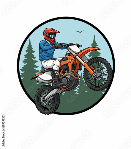 Motocross rider performing a wheelie, amidst a scenic forest backdrop.
