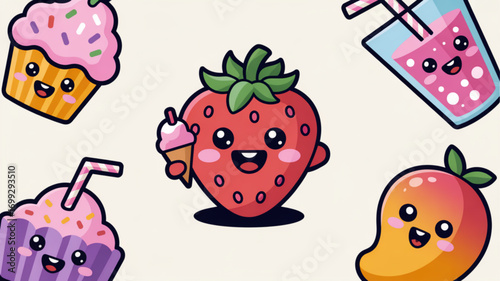 Cute kawaii strawberry cupcake mango smoothie vector illustration for kids and food lovers art design