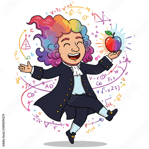 Isaac newton holds a glowing apple, perfect for showcasing science, physics, education, and history concepts in creative designs and projects.