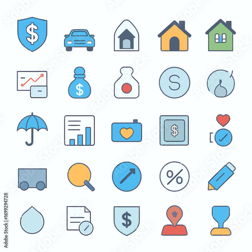Modern business icons and symbols for finance, insurance, and success graphics
