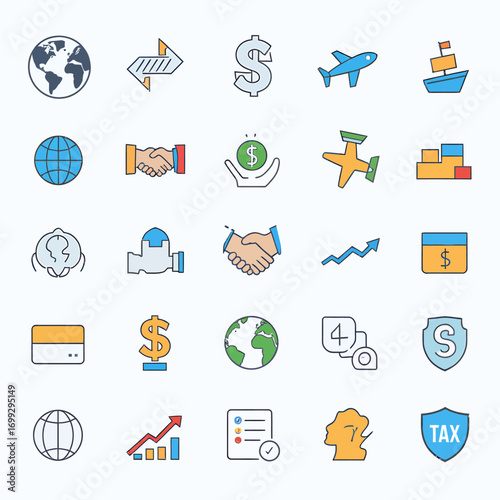 Dynamic business icons showing global finance, logistics, partnership, and growth strategies
