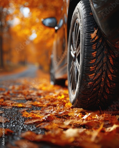 Clean Drive During Fall Commute, detailed close-up of vehicle tire on scenic forest road covered with autumn leaves, showcasing clean forward motion, traction awareness, and seasonal eco commute