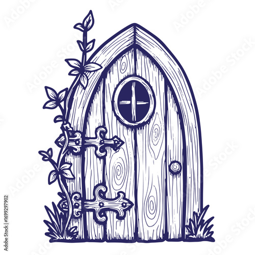 Artistic illustration of a whimsical fairy door made of wood with decorative detailing and foliage