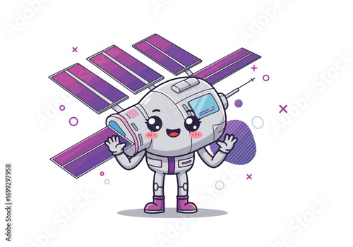 Cartoon illustration of a cute, anthropomorphic space station waving, with solar panels and a friendly expression.