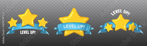 3d realistic vector icon illustration. Gaming button with yellow star for level-up and ribbon. Isolated set of buttons.