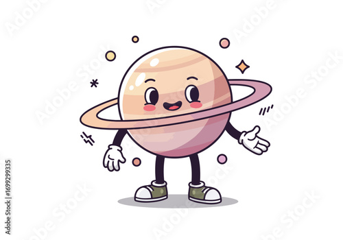 Cute cartoon depiction of Saturn, welcoming and friendly.