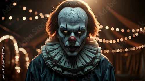 Eerie Clown Stare: Glowing Eyes in Dark Circus Tent, Horror Concept