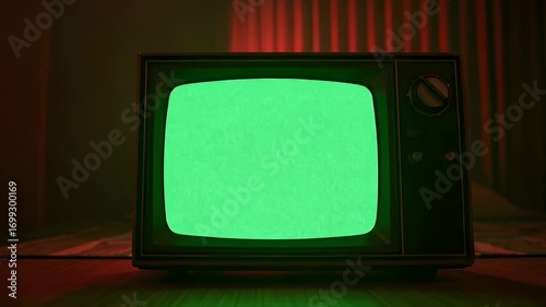 Vintage Television with Green Screen on Stage, Ready for Content Creation