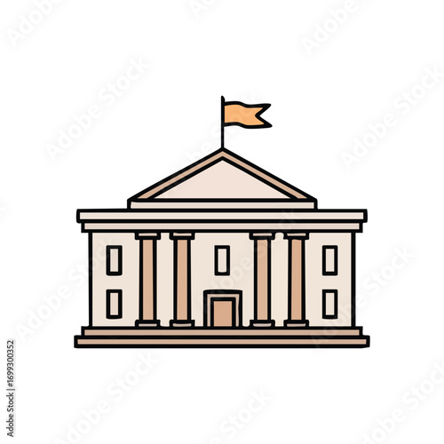 Government Building Icon. Stylized depiction of a classical structure with columns and a pediment, representing authority, law, or institutional power.