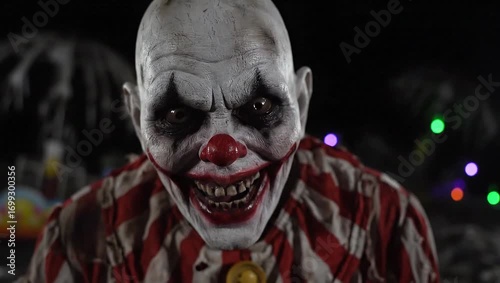 Creepy Clown's Menacing Grin Emerges from Dark Carnival Shadows, Haunting Nightmare Vision.