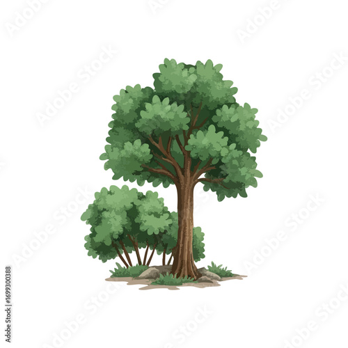 Green Tree and Bushes Illustration. Vibrant foliage adorns a sturdy trunk, accompanied by smaller plants and natural ground elements. Symbolizes growth and ecological beauty.