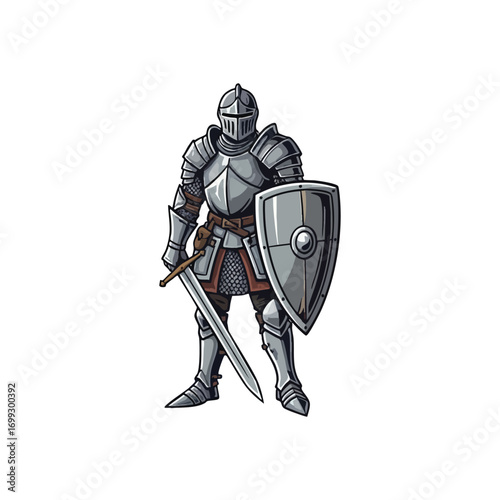 Valiant Knight in Full Armor. An illustration depicts a formidable warrior clad in complete steel plates, gripping a broadsword and a protective buckler. This image symbolizes valor, defense, and.
