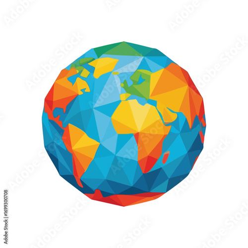 Polygonal Earth Globe Artwork. Vibrant low poly world illustration showcasing continents in rich hues on a dark background. Represents global connectivity and digital innovation.
