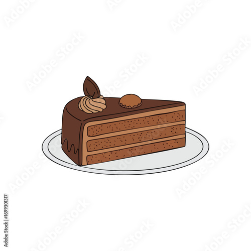 Delicious Chocolate Cake Slice. This appetizing confection features multiple layers, rich frosting, and a creamy topping. Perfect for celebrations or a delightful treat.