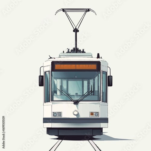 Front View of a Modern White Tram Car with Overhead Wires