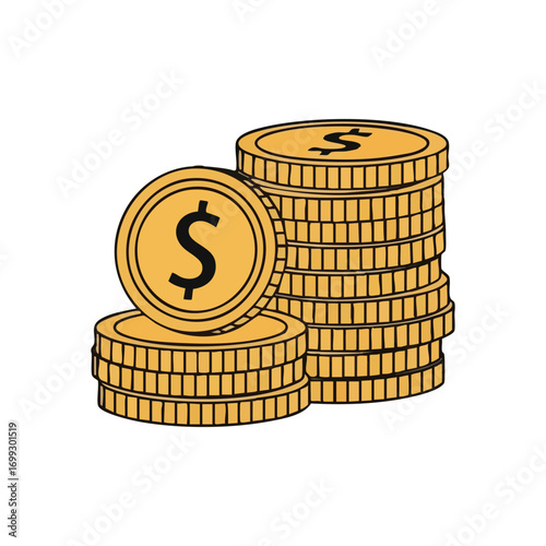 Golden Currency Stacks Illustration. Piled gold funds with prominent dollar symbols. This vibrant image embodies prosperity, investments, and economic stability.