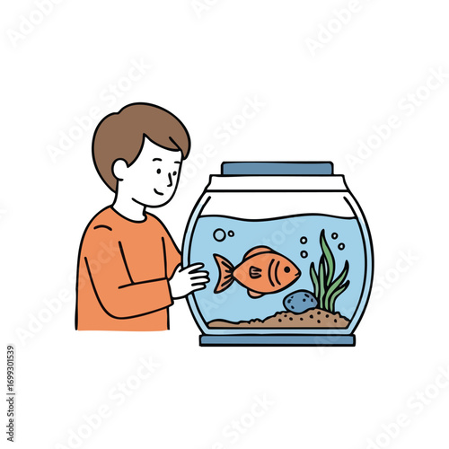 Youngster Gazes at Fish. A small boy observes his colorful aquatic animal within a simple glass tank. This image expresses wonder, care, and the delight of pet companionship.