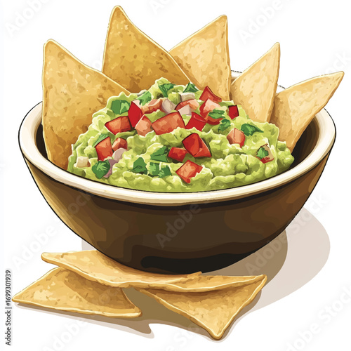 Guacamole with diced tomatoes and tortilla chips in a brown ceramic bow