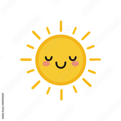 Happy Kawaii Sun Icon. This delightful celestial body features a sweet facial expression with closed eyes and rosy cheeks. It symbolizes joy, warmth, and peaceful contentment.