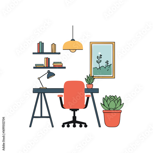 Cozy Home Office Workspace Setup. Stylish, contemporary work desk arrangement for remote professionals. Includes chair, lighting, and plants, promoting a productive, balanced atmosphere.