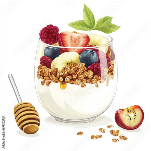  Illustrated glass of healthy yogurt parfait with fresh berries granola and honey