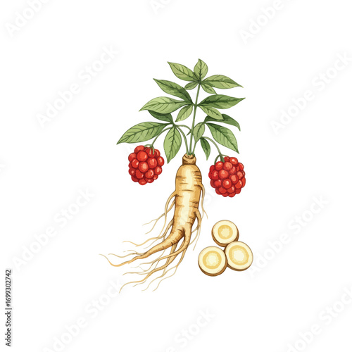 Ginseng Plant with Berries and Slices. Vivid illustration of the potent root, lush foliage, and bright red fruits. Represents natural health, traditional Asian medicine, and vitality.