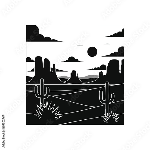 Moonlit Desert Night Scene. Monochromatic nocturnal illustration of a vast arid expanse. Features towering rock formations, saguaro plants, and a glowing celestial body. Evokes calm and solitude.